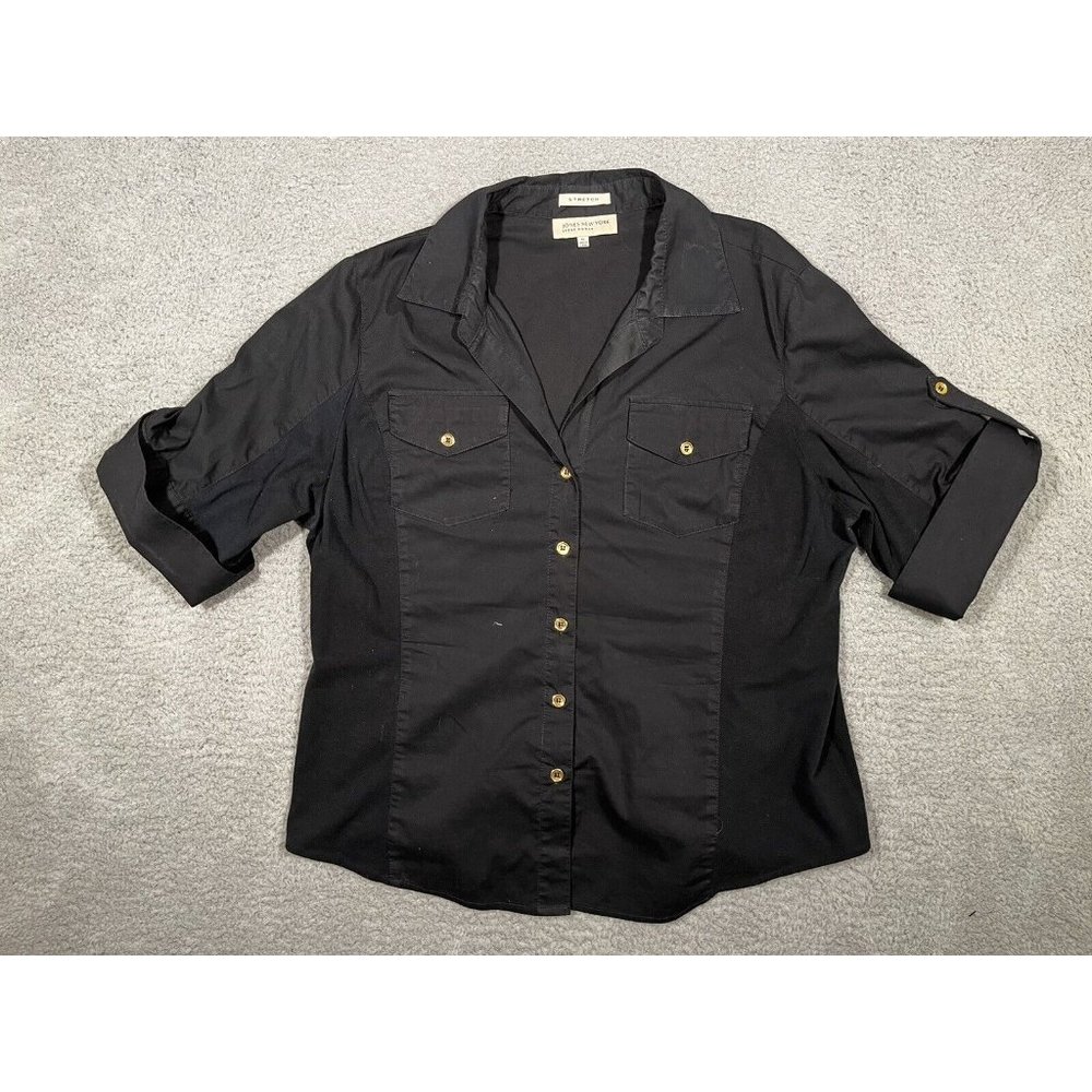 Jones New York Sport Woman Black Button Collared Shirt Stretch Roll Tab Size 1X